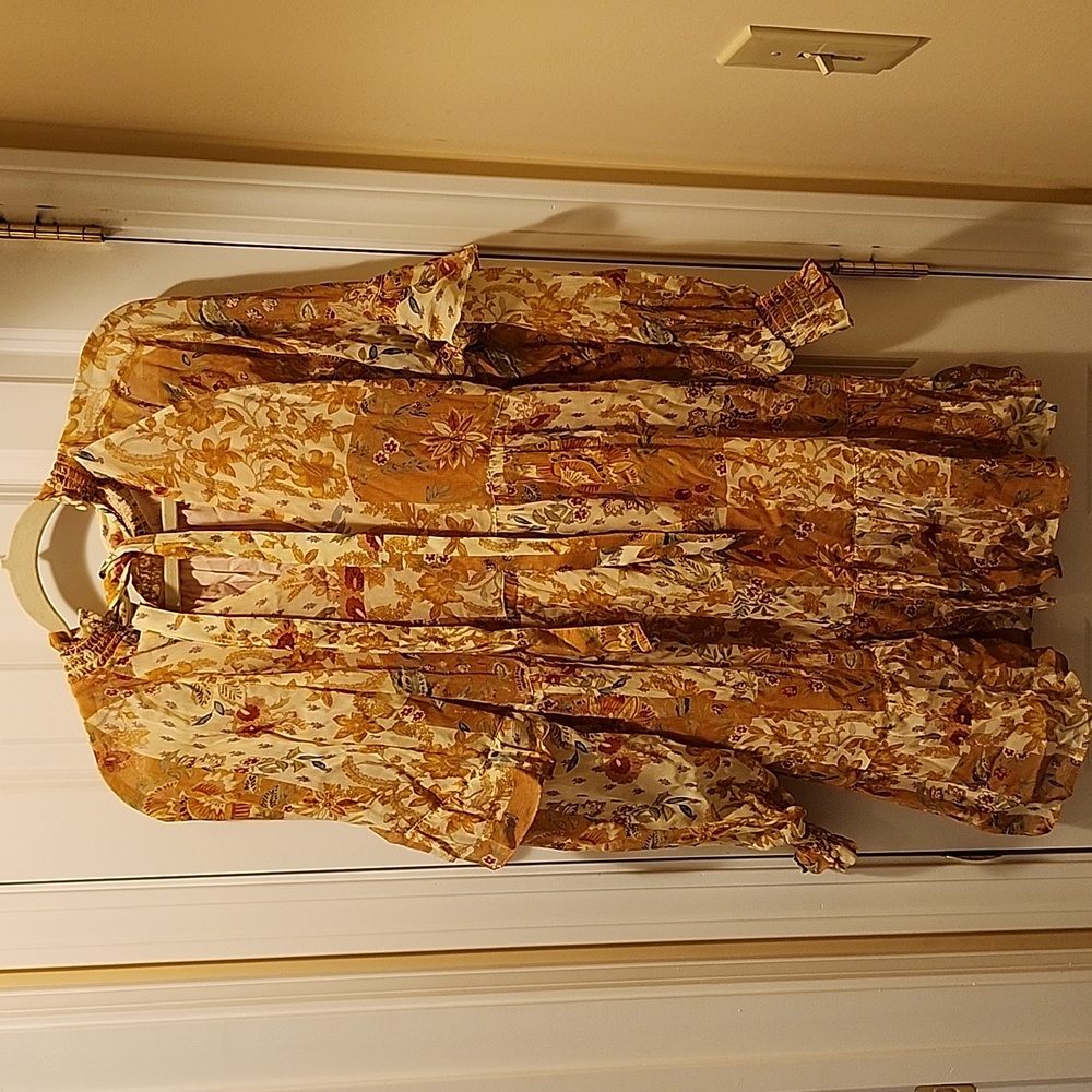 Sezane Estel Long Sleeve Printed Mini Dress Camel Patchwork 34 (US 2) - Picture 3 of 6